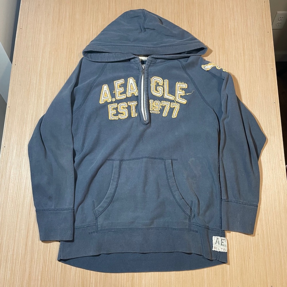 American Eagle Hoodie Mens XL Blue Quarter Zip Graphic Fleece Pullover